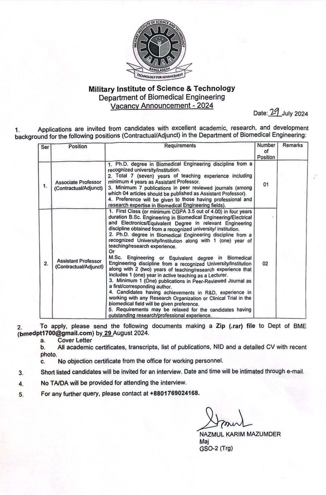 Circular for Associate and Assistant Professor